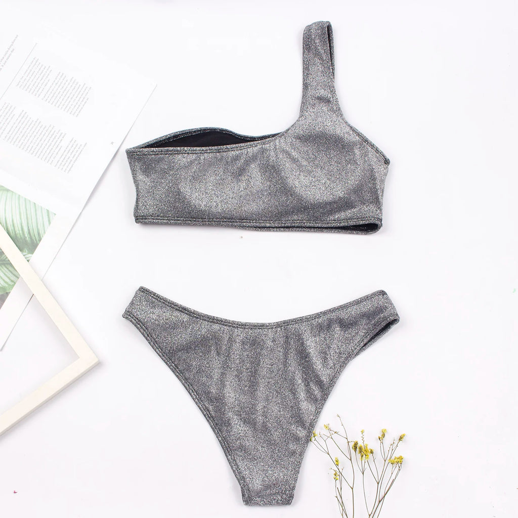 One-Shoulder Glitter Bikini Set