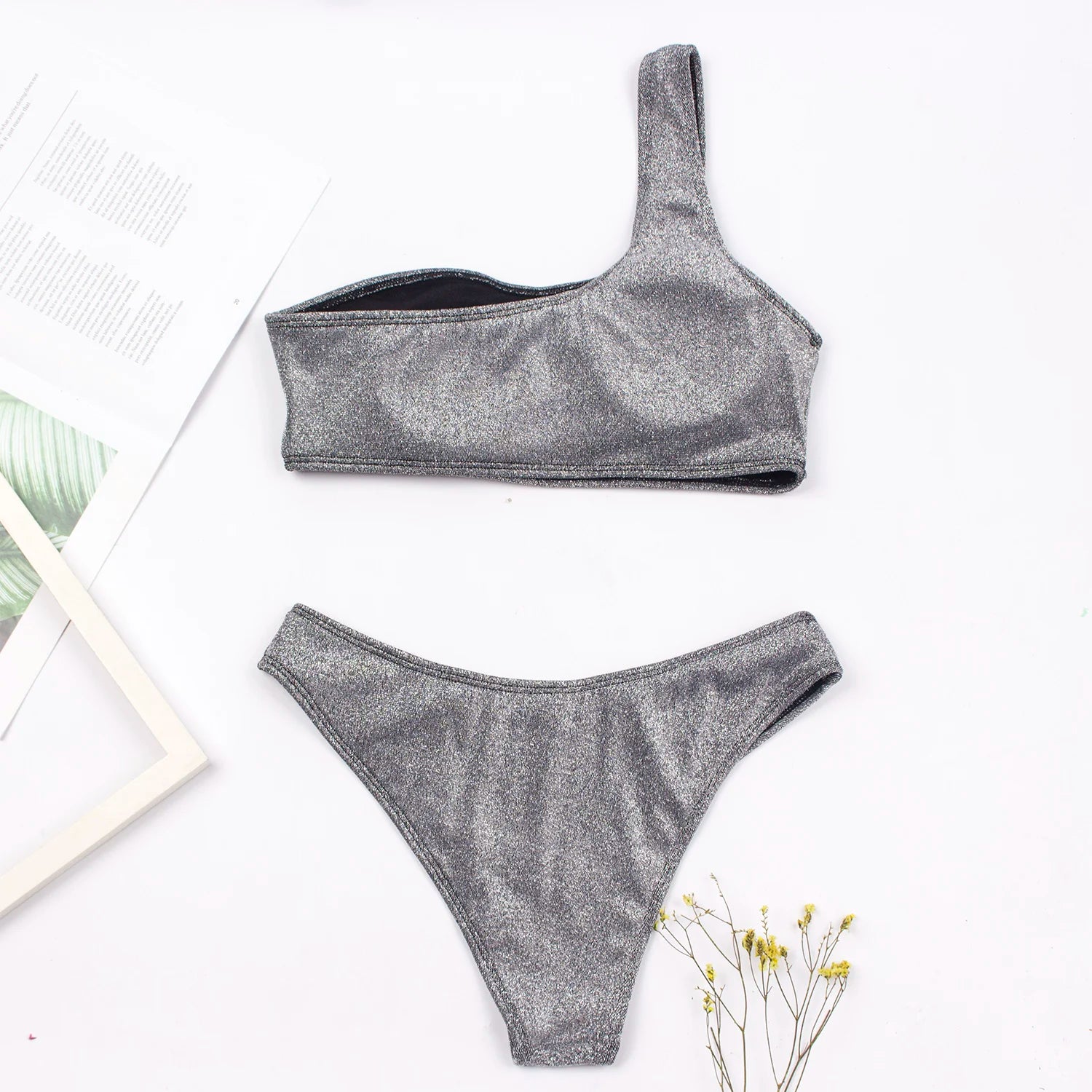 One-Shoulder Glitter Bikini Set