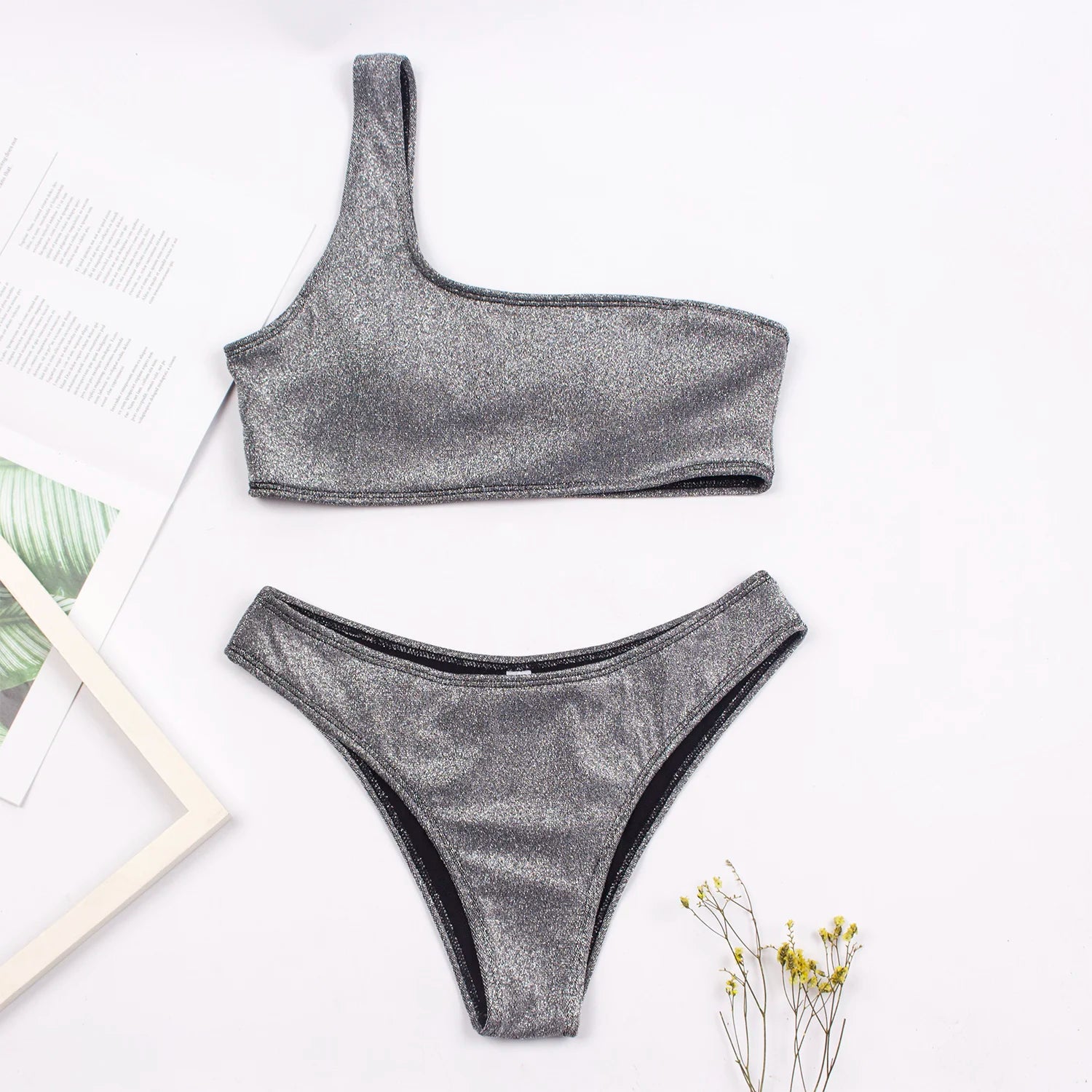 One-Shoulder Glitter Bikini Set