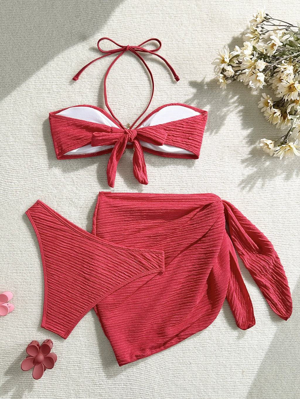 Ribbed Bandeau Bikini Set – 3-Piece