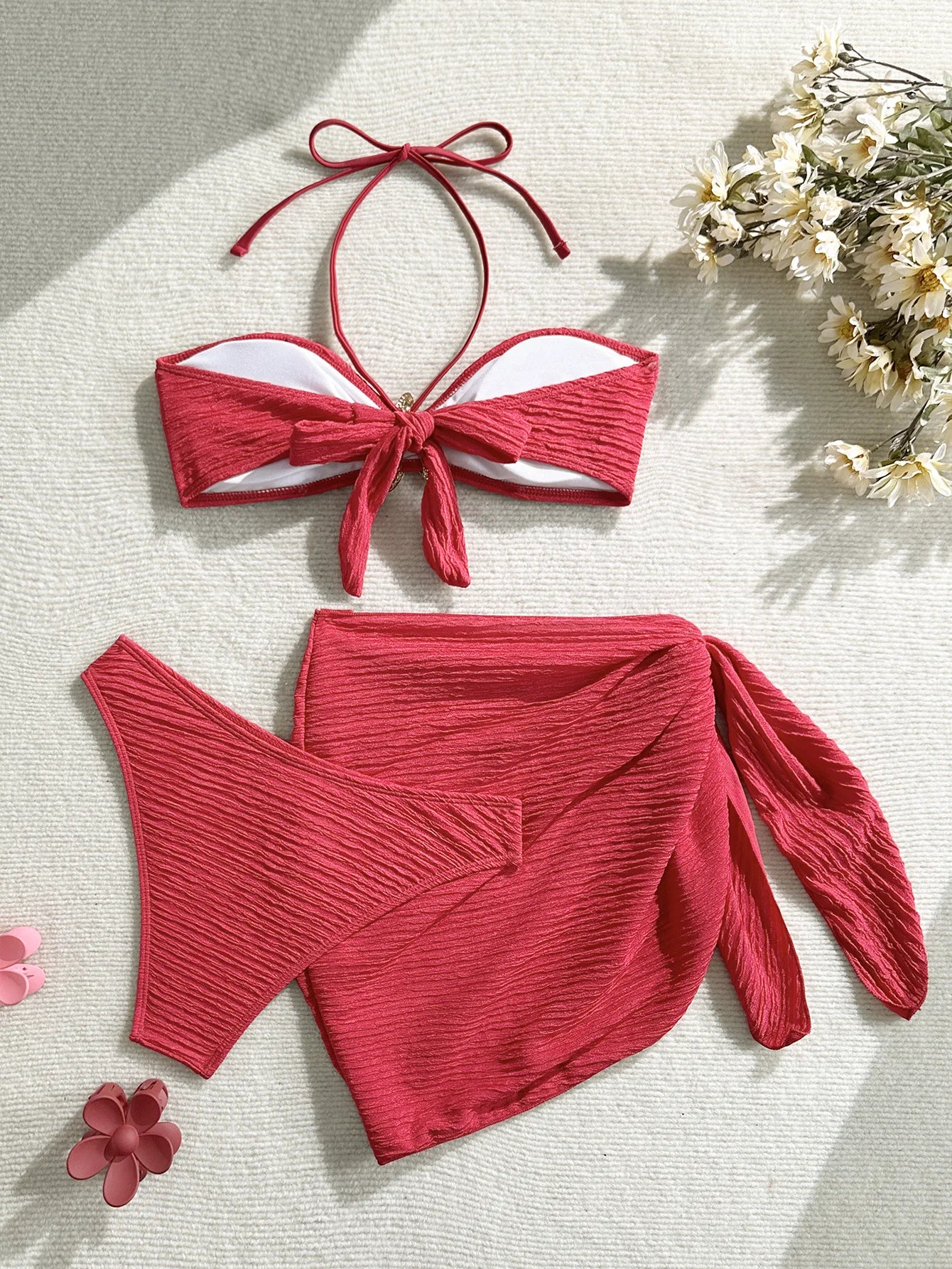 Ribbed Bandeau Bikini Set – 3-Piece