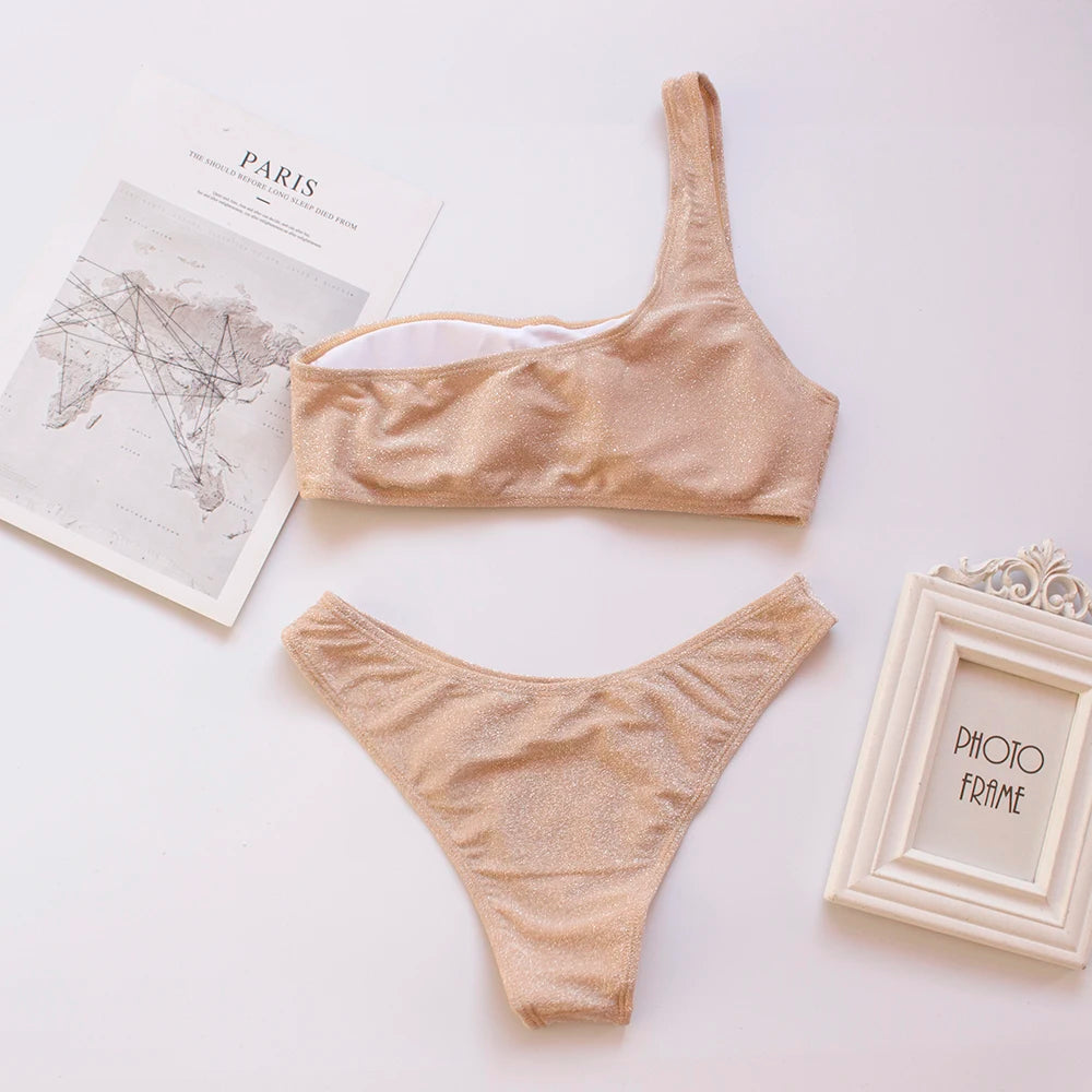 One-Shoulder Glitter Bikini Set