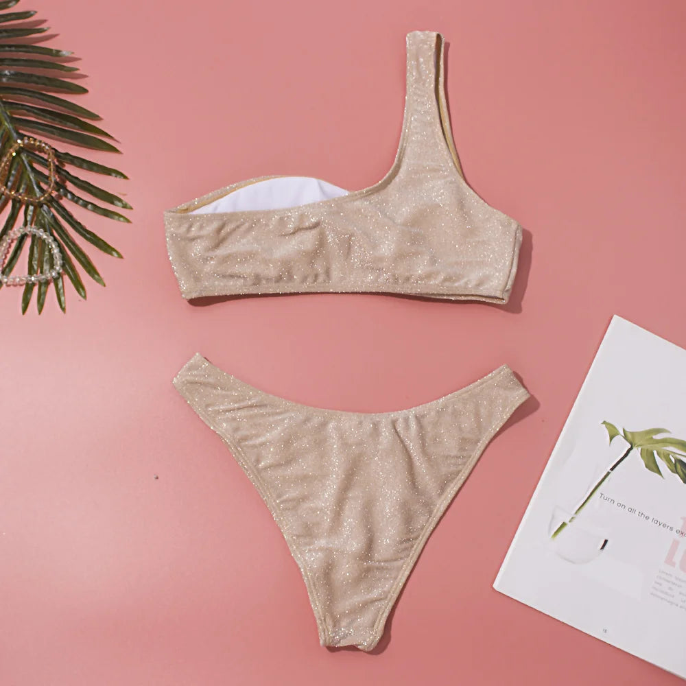 One-Shoulder Glitter Bikini Set