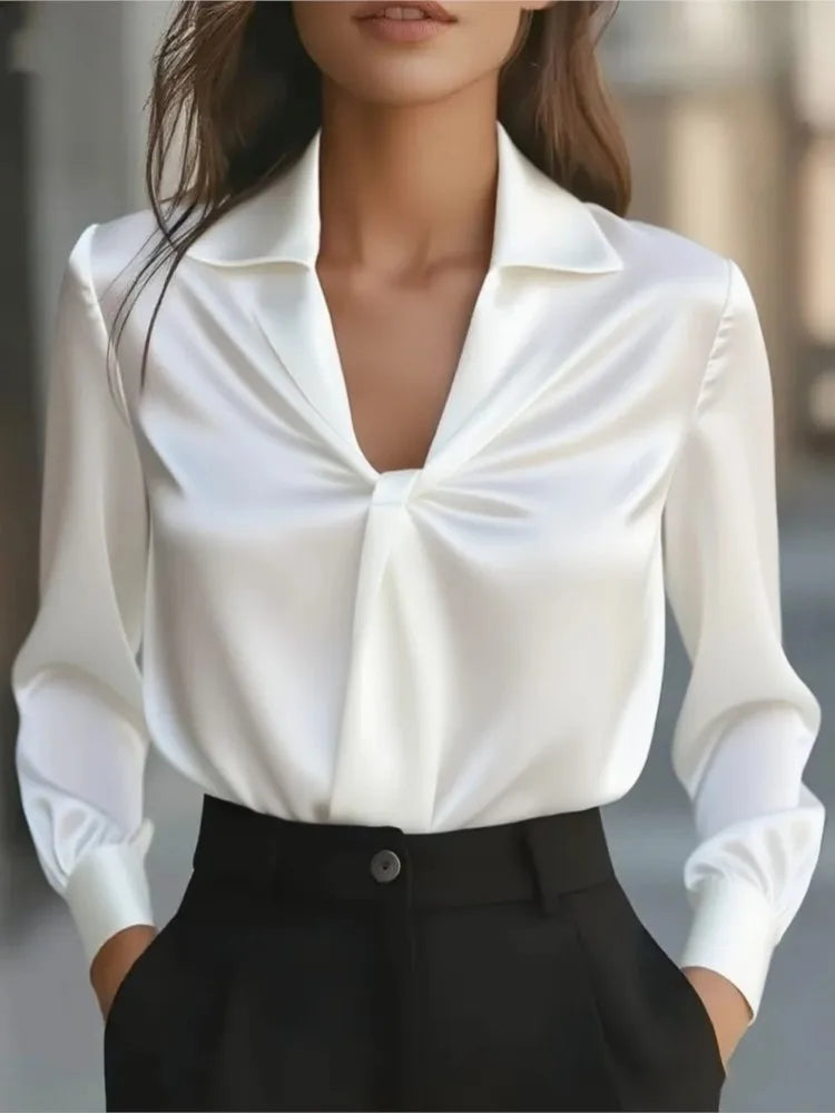 Pleated Satin Long-Sleeve Blouse