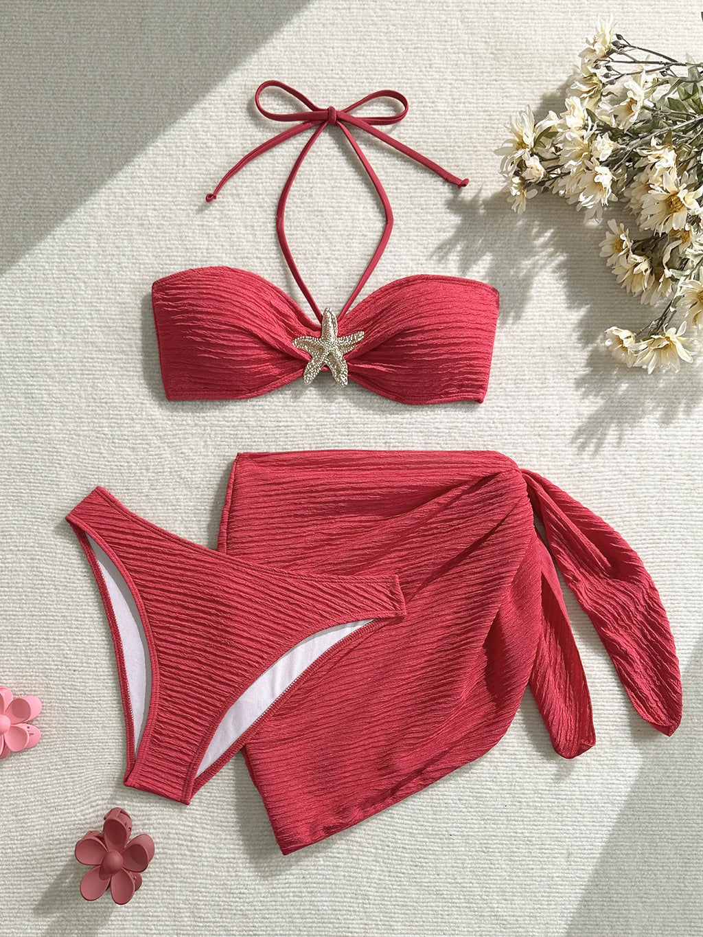 Ribbed Bandeau Bikini Set – 3-Piece