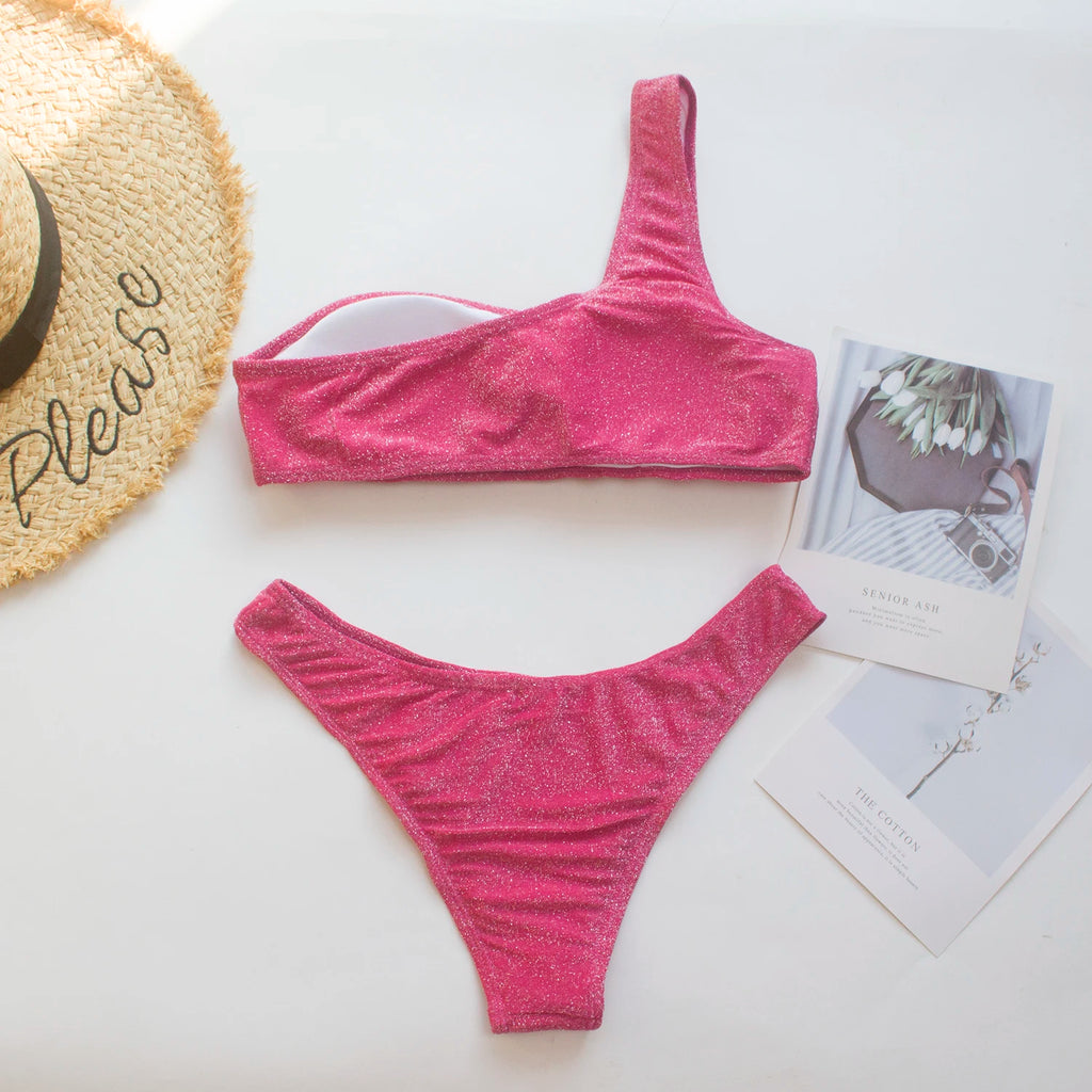 One-Shoulder Glitter Bikini Set