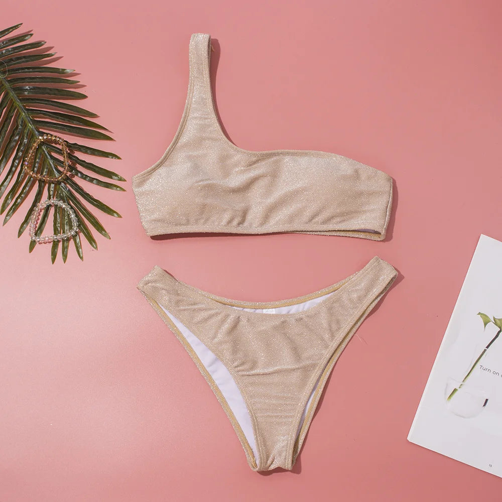 One-Shoulder Glitter Bikini Set