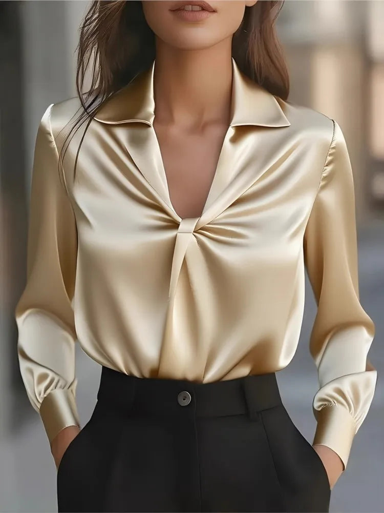 Pleated Satin Long-Sleeve Blouse