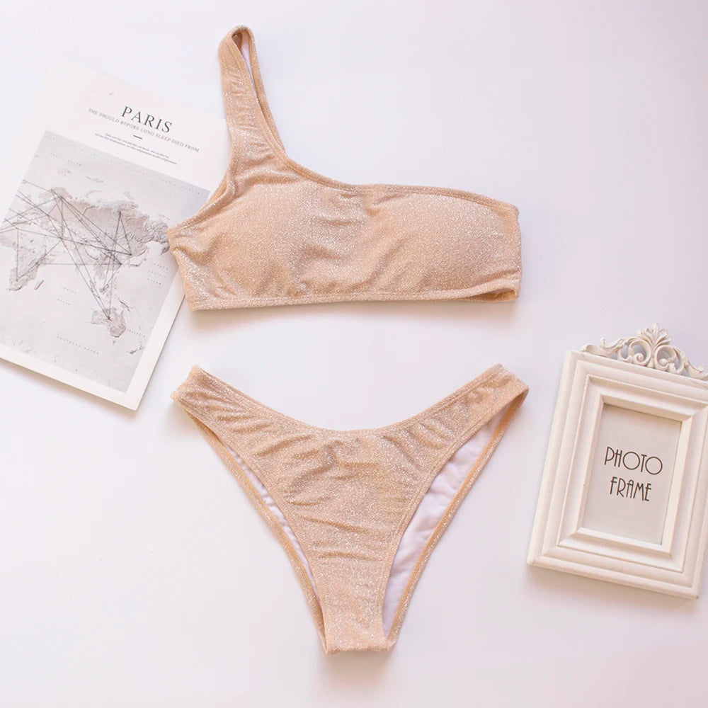 One-Shoulder Glitter Bikini Set