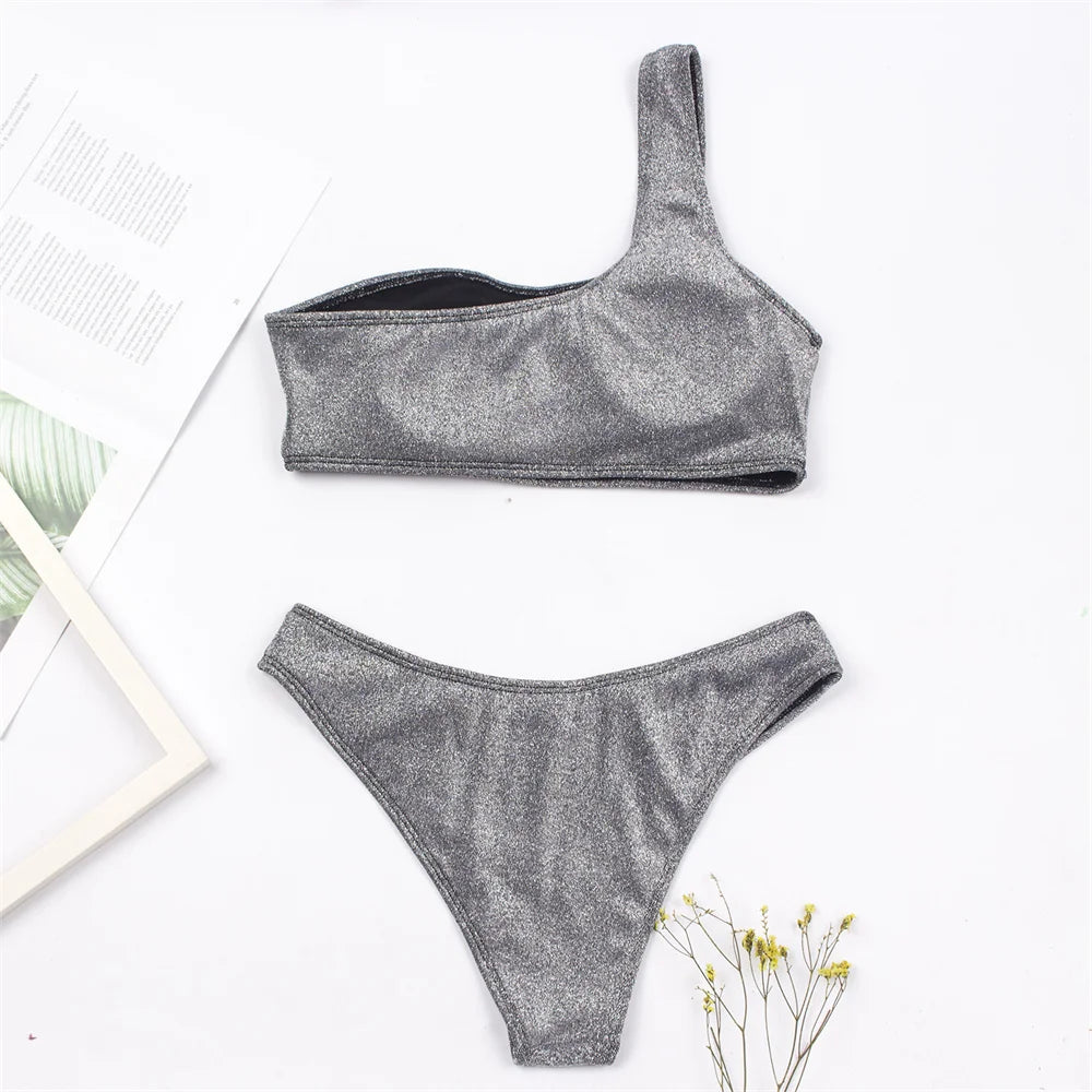 One-Shoulder Glitter Bikini Set