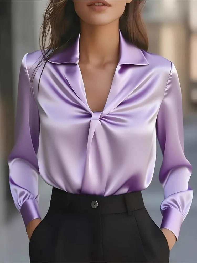 Pleated Satin Long-Sleeve Blouse