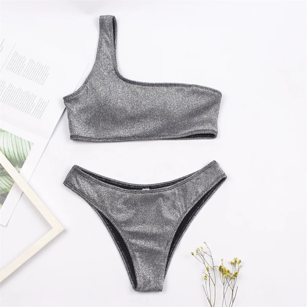 One-Shoulder Glitter Bikini Set